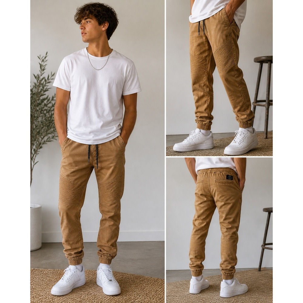Tony Hawk Joggers Moto Ribbed Knee Tan Brown Cotton Blend Streetwear Mens M